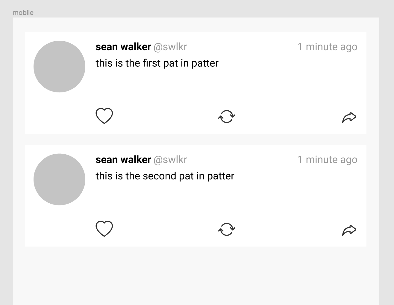 a poorly made clone of twitter’s timeline with two posts saying “this is the first pat in patter” and “this is the second pat in patter”