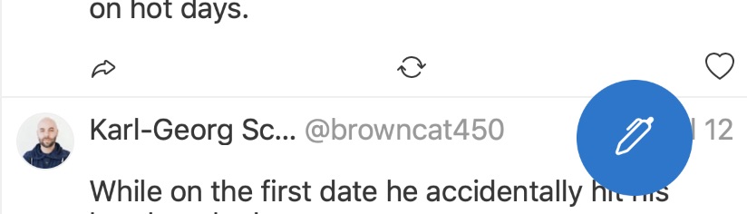 a twitter clone with a twitter feed and a round blue button with a pen icon